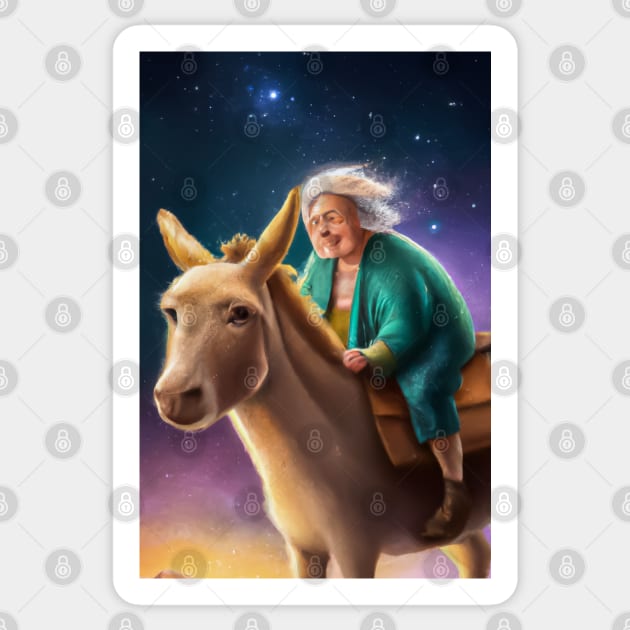 Old Woman Riding a Donkey Under Stary Skies Greeting Card Sticker by JohnCorney